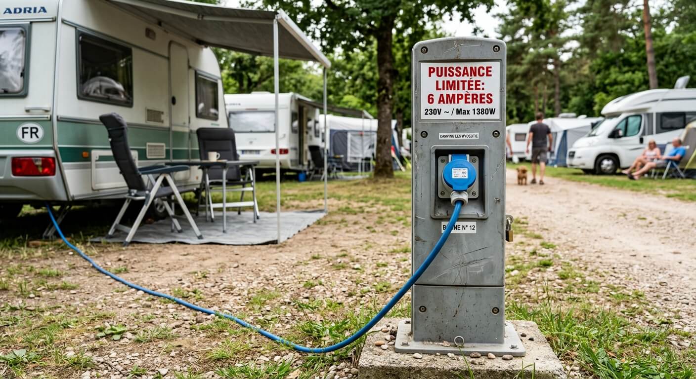 Une borne de raccordement électrique de camping affichant une limite de puissance de 6 ampères.