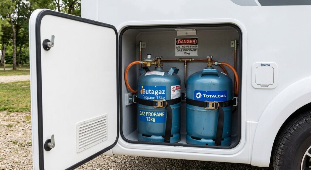 Réglementation des bouteilles de gaz en camping-car : les règles de sécurité 2 Deux bouteilles de gaz propane installées et sanglées dans le coffre étanche extérieur d'un camping-car.