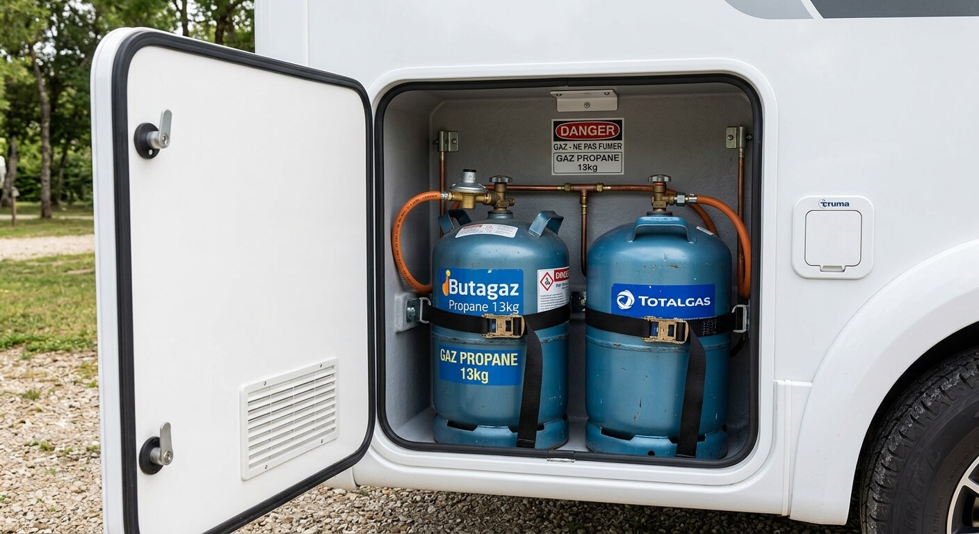 Deux bouteilles de gaz propane installées et sanglées dans le coffre étanche extérieur d'un camping-car.