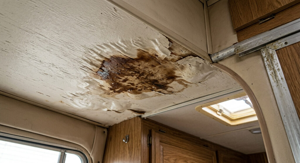 Une tache d'humidité marron et un revêtement qui gondole sur le plafond en contreplaqué d'un camping-car.
