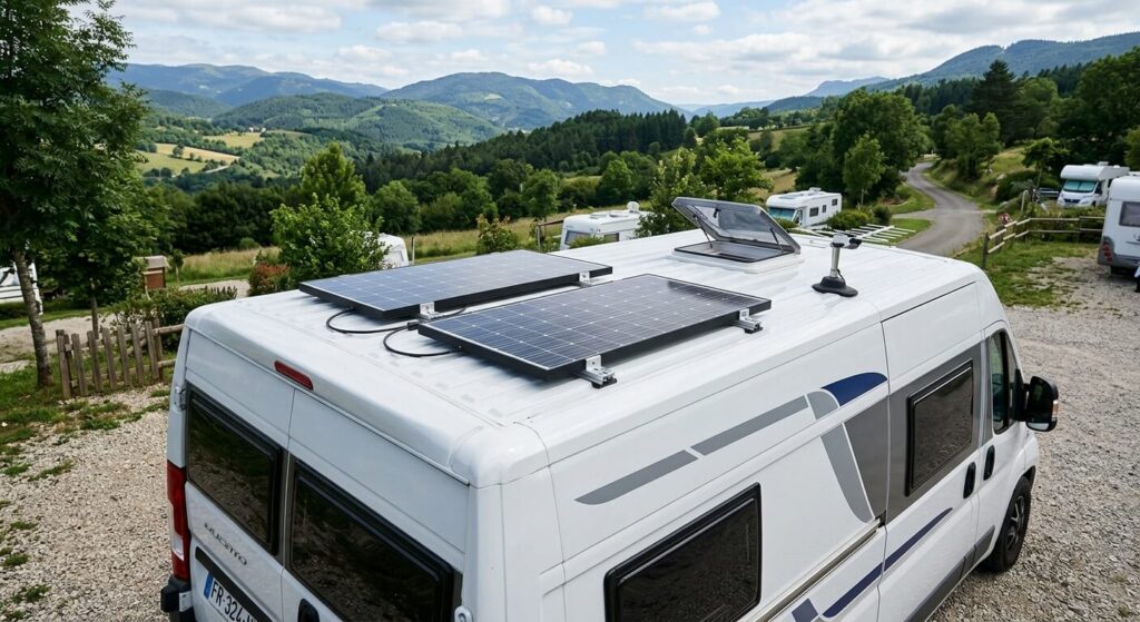 Brancher ses panneaux solaires en série ou en parallèle en camping-car ? 2 Deux panneaux solaires installés à plat sur le toit blanc d'un camping-car.