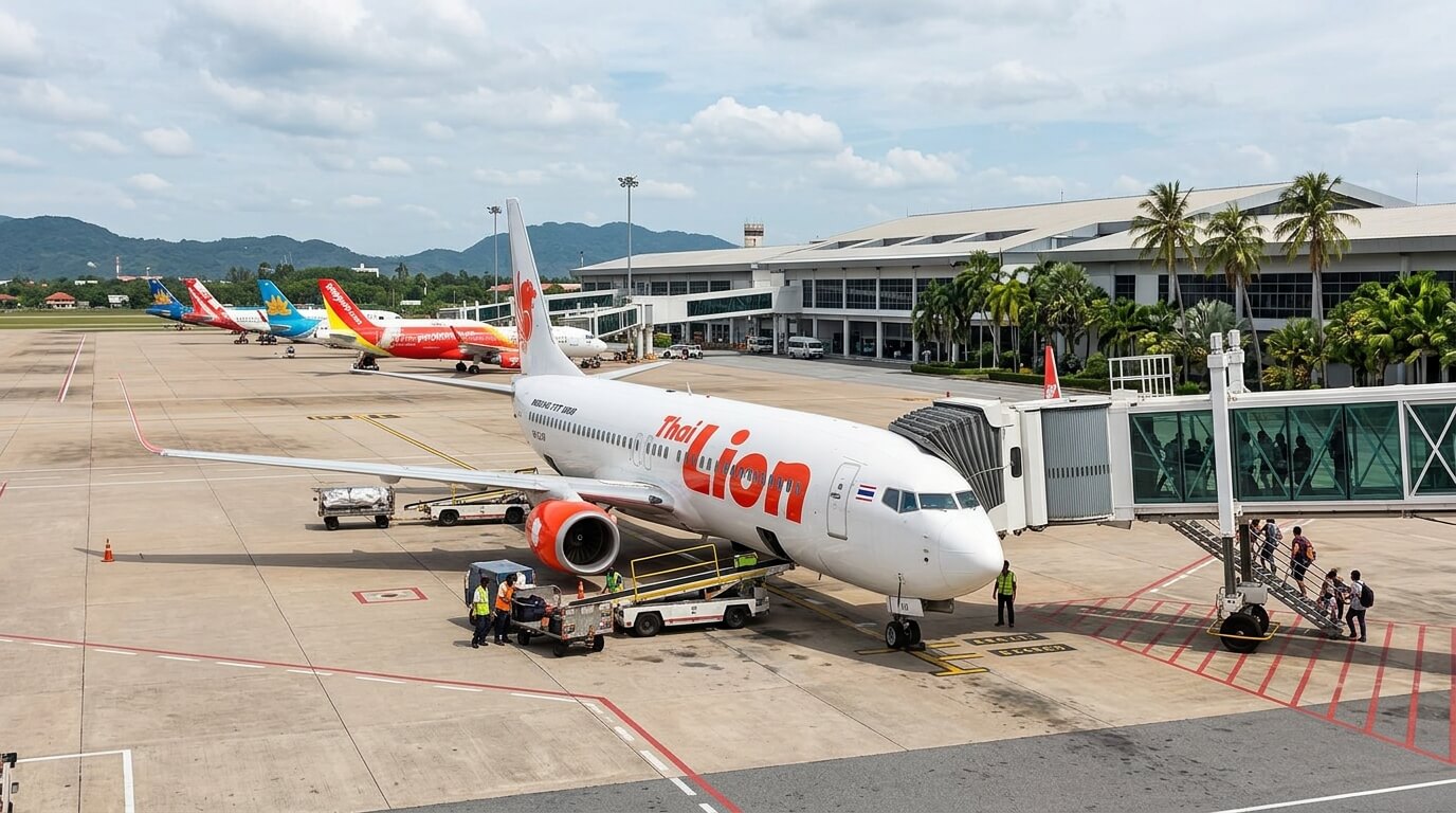 Un avion de la compagnie low-cost Thai Lion Air stationné sur le tarmac d'un aéroport en Asie.