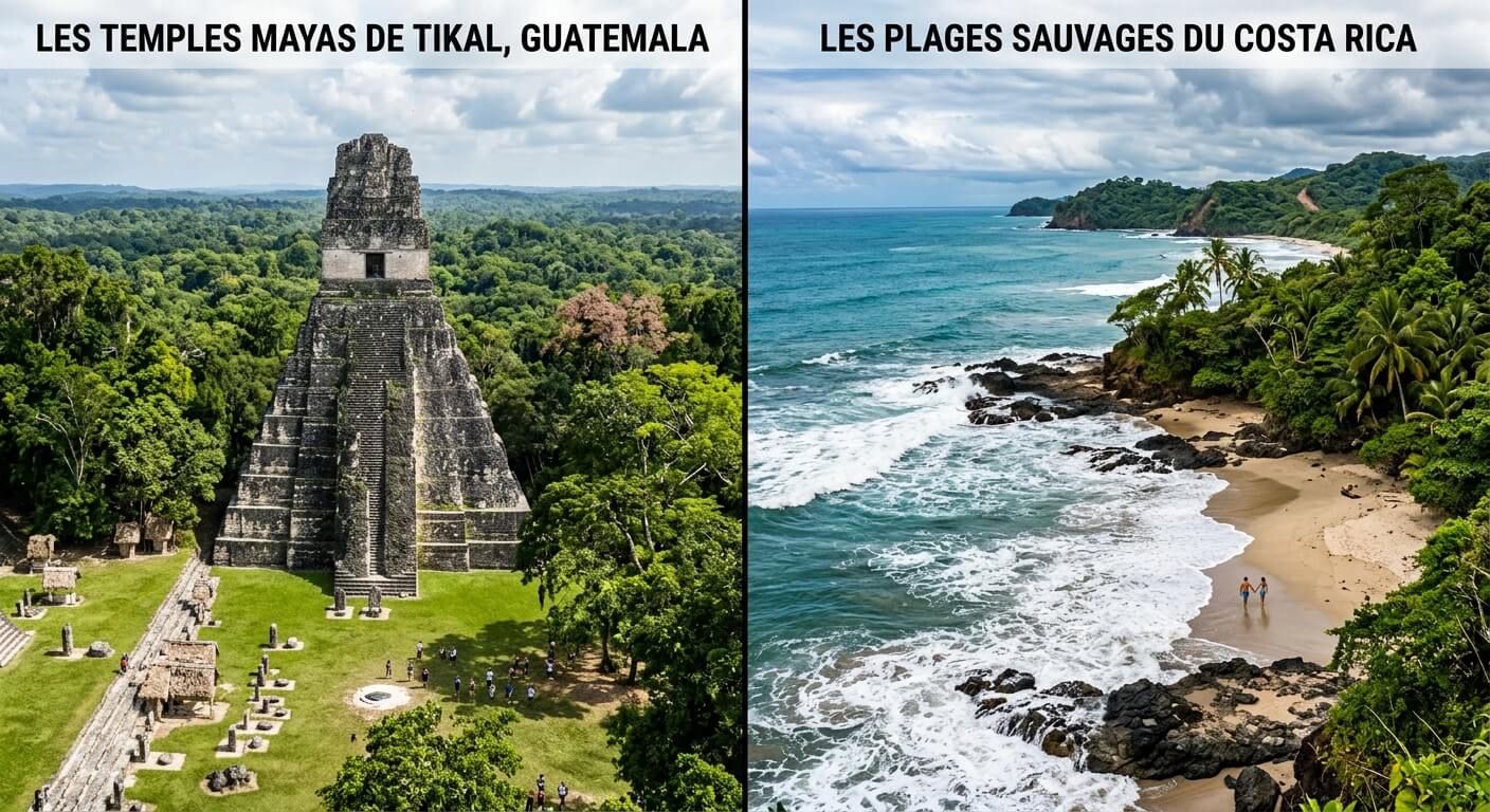 Montage montrant les temples mayas de Tikal au Guatemala à gauche et les plages sauvages du Costa Rica à droite.