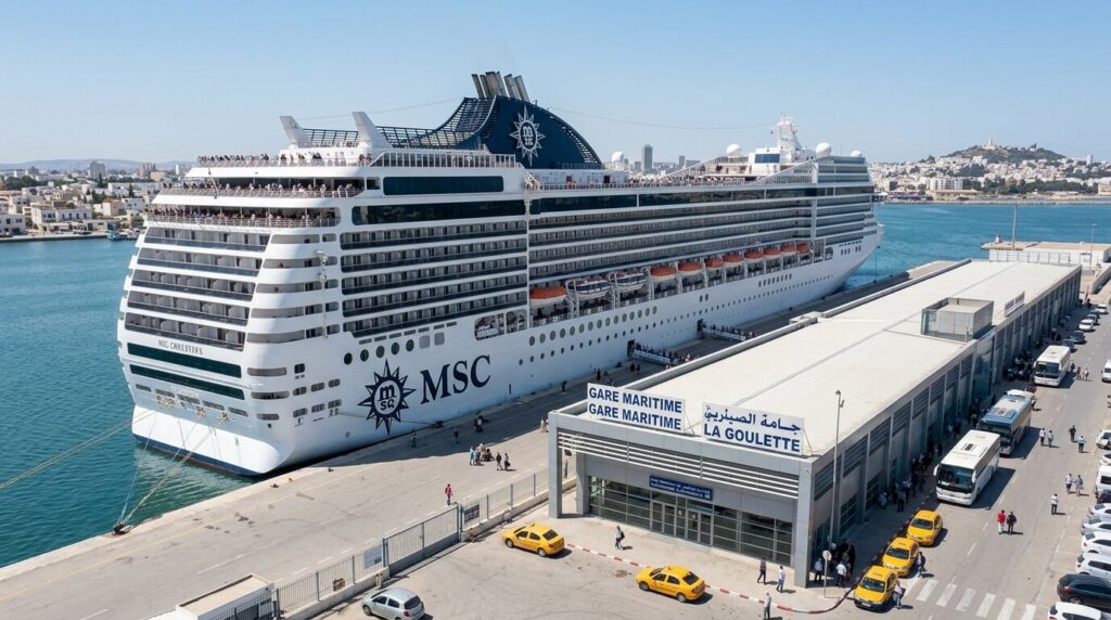 Escale à La Goulette : que faire et que visiter en quelques heures ? 2 Un grand navire de croisière MSC amarré le long du quai de la gare maritime de La Goulette en Tunisie.