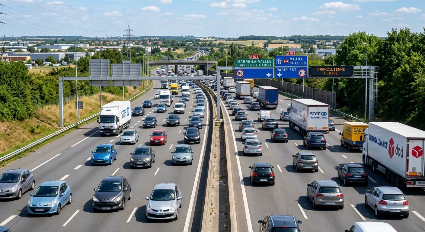 Des voitures et des camions circulant de jour sur l'autoroute de la Francilienne en Île-de-France.