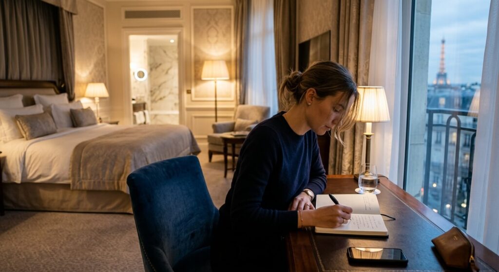 Une personne prenant des notes discrètement sur un carnet à l'intérieur d'une chambre d'hôtel haut de gamme.