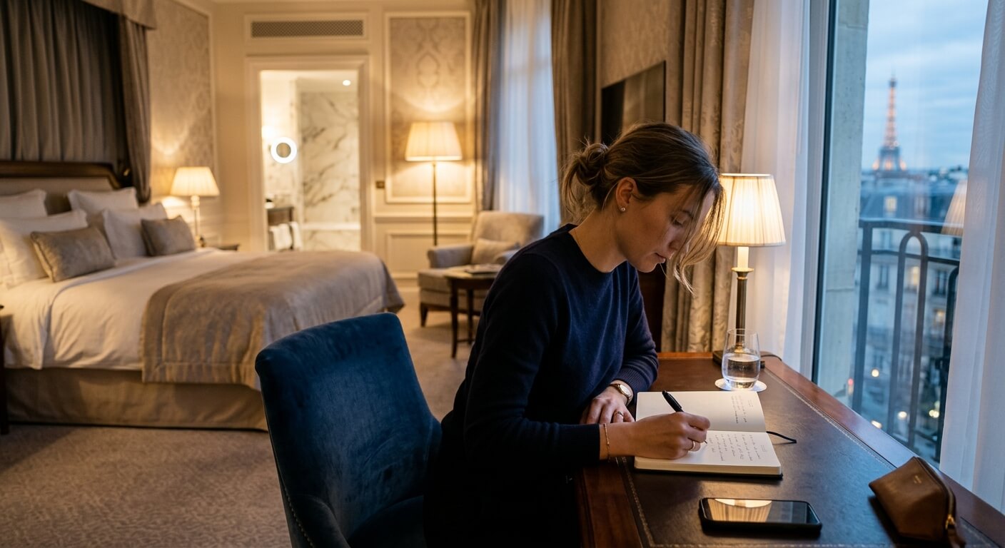 Une personne prenant des notes discrètement sur un carnet à l'intérieur d'une chambre d'hôtel haut de gamme.