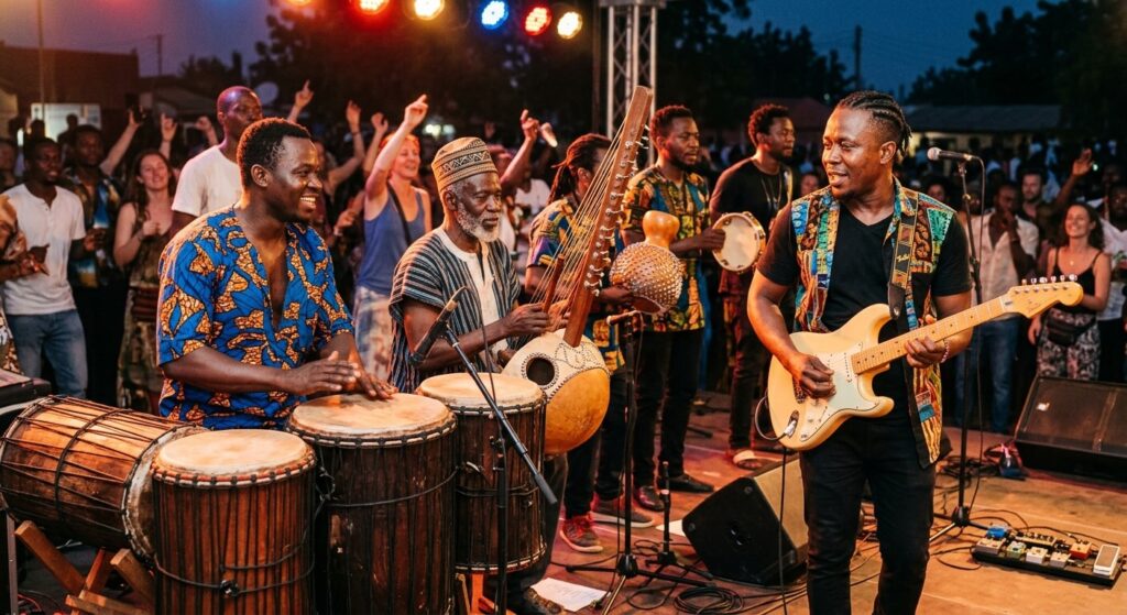 Des musiciens jouant des percussions traditionnelles africaines et de la guitare lors d'un concert.