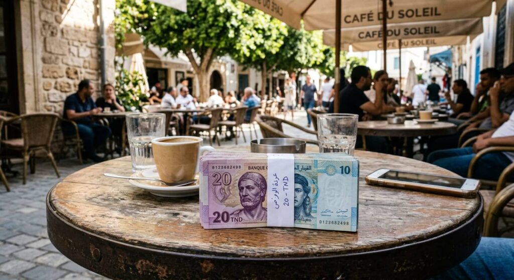 Une liasse de billets de banque en Dinars tunisiens posée sur une table de café en terrasse.