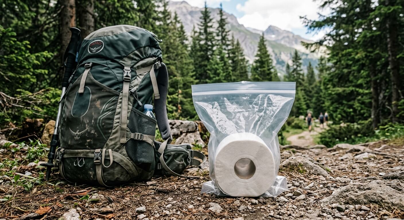 Un rouleau de papier toilette rangé dans un sachet plastique étanche à côté d'un sac à dos de marche.