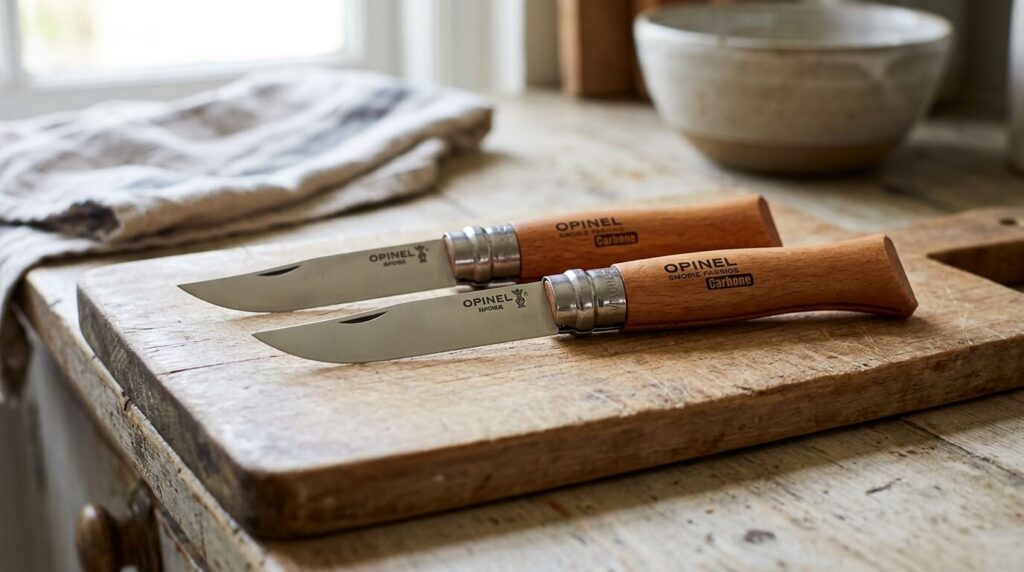 Deux couteaux de poche Opinel Numéro 8 ouverts posés sur une planche à découper en bois de cuisine.