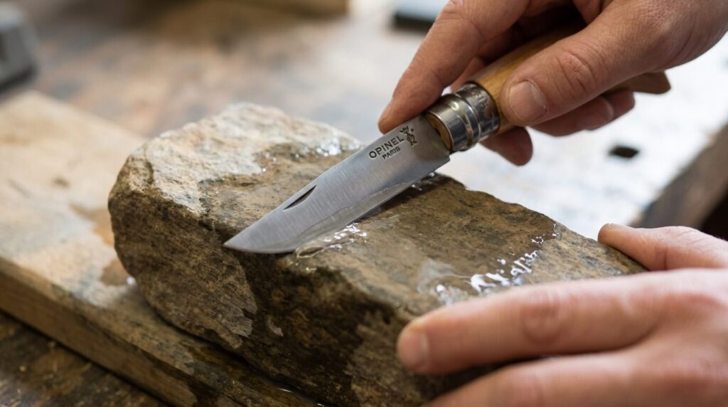 Une main frottant le fil tranchant d'une lame de couteau Opinel sur une pierre à aiguiser naturelle.
