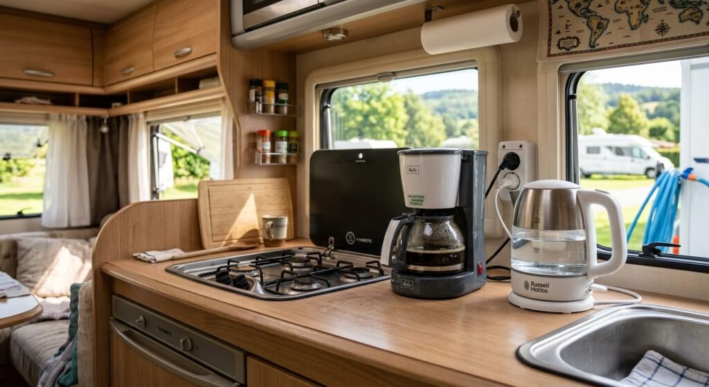 Une petite cafetière et une bouilloire basse consommation installées dans la cuisine d'un camping-car.