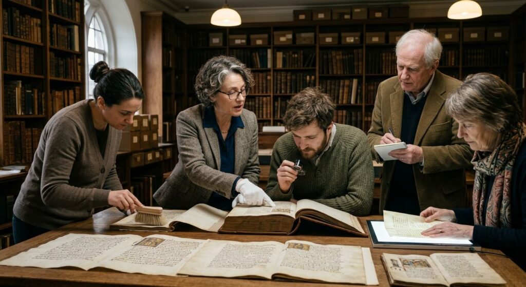 Des historiens analysant des manuscrits byzantins anciens dans les archives d'une bibliothèque universitaire.