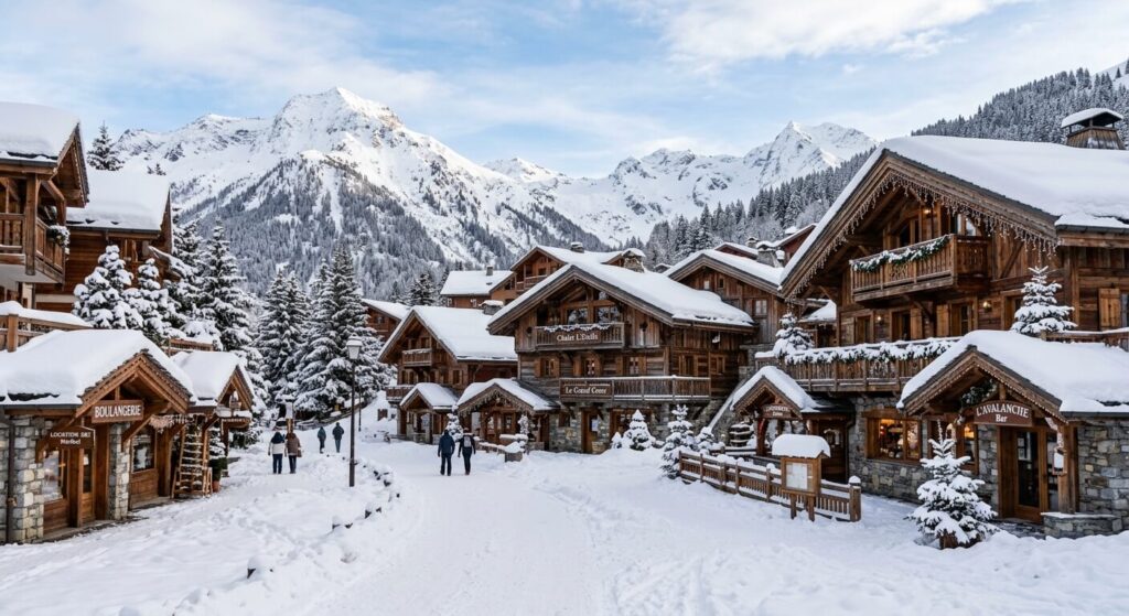 Comment organiser un week-end à Méribel ? 2 Vue enneigée sur les chalets en bois traditionnels au cœur du village savoyard de Méribel.