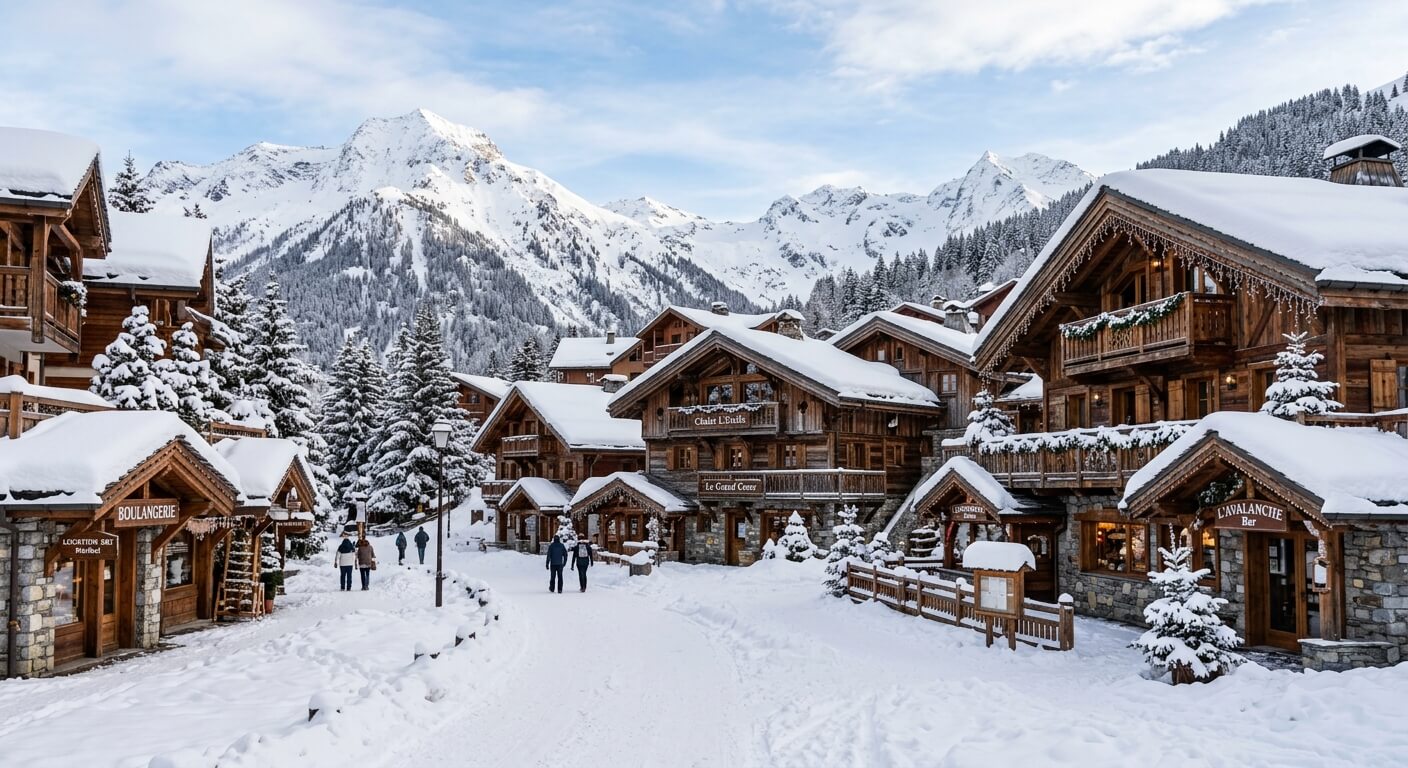 Vue enneigée sur les chalets en bois traditionnels au cœur du village savoyard de Méribel.