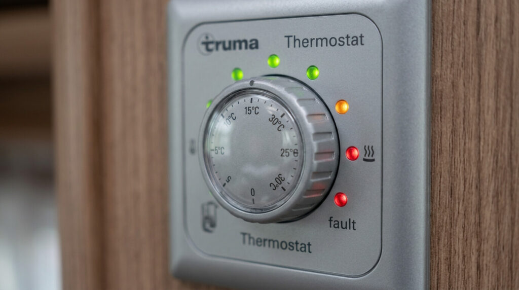 Gros plan sur le bouton rotatif de commande du thermostat Truma avec ses voyants lumineux de contrôle.