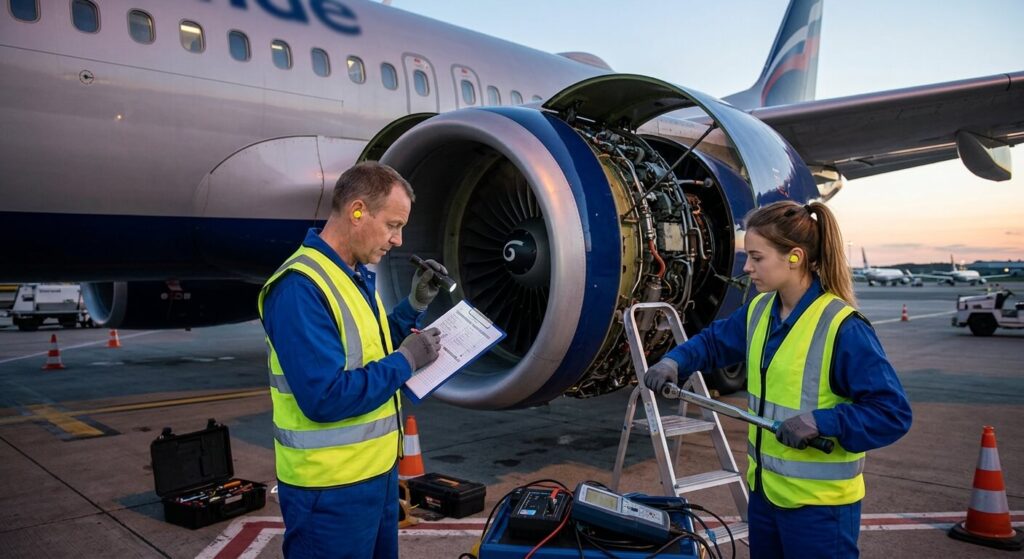 Thai Lion Air est-elle sur la liste noire ? La vérité en 2026 3 Des techniciens aéronautiques effectuant des vérifications de sécurité sur le moteur d'un appareil.