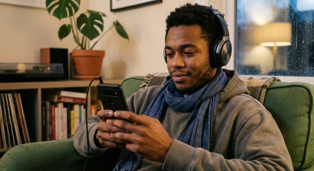 Une personne écoutant un morceau sur son smartphone avec un casque audio.