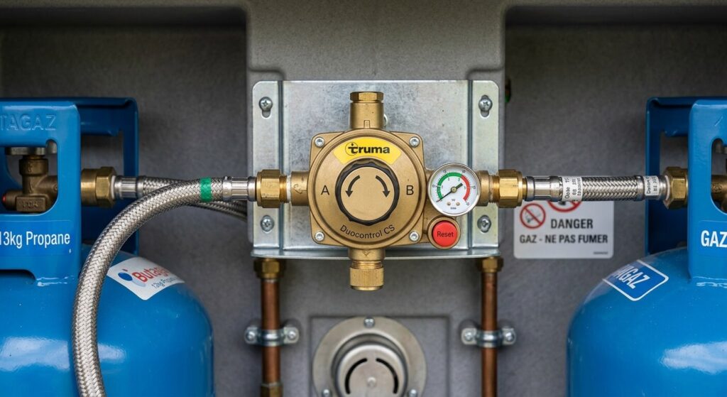 Réglementation des bouteilles de gaz en camping-car : les règles de sécurité 3 Gros plan sur un inverseur automatique et les lyres de raccordement de gaz haute pression.