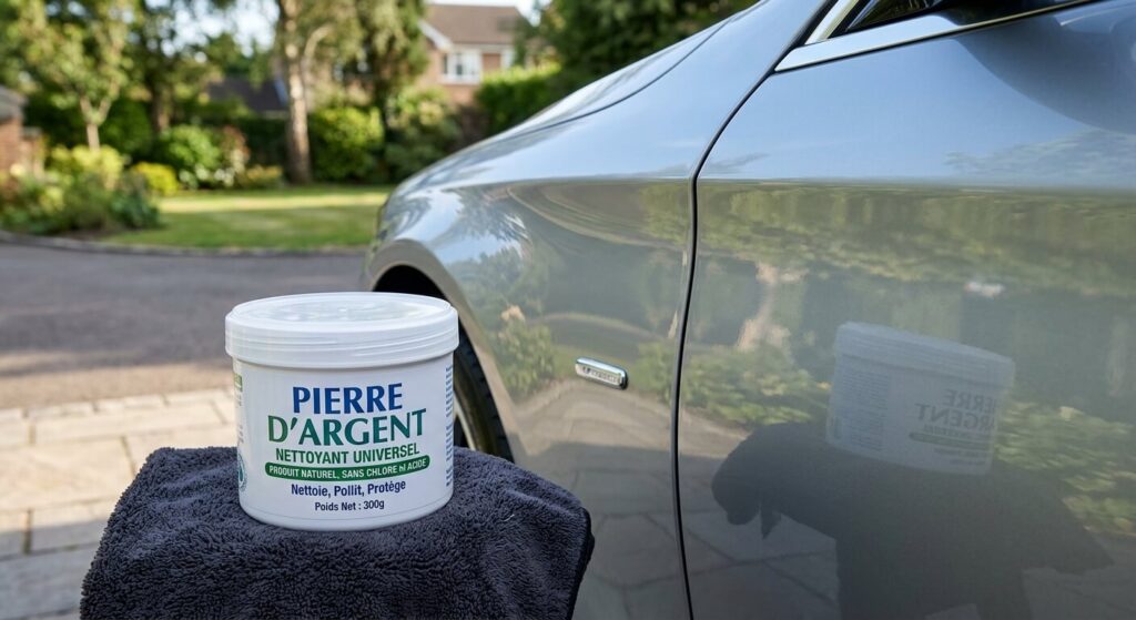 Une boîte de pierre d'argent blanche posée à côté d'une carrosserie propre et brillante.