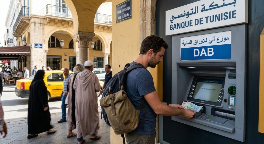 Un voyageur retirant de l'argent liquide à un distributeur de billets d'une banque à Tunis.