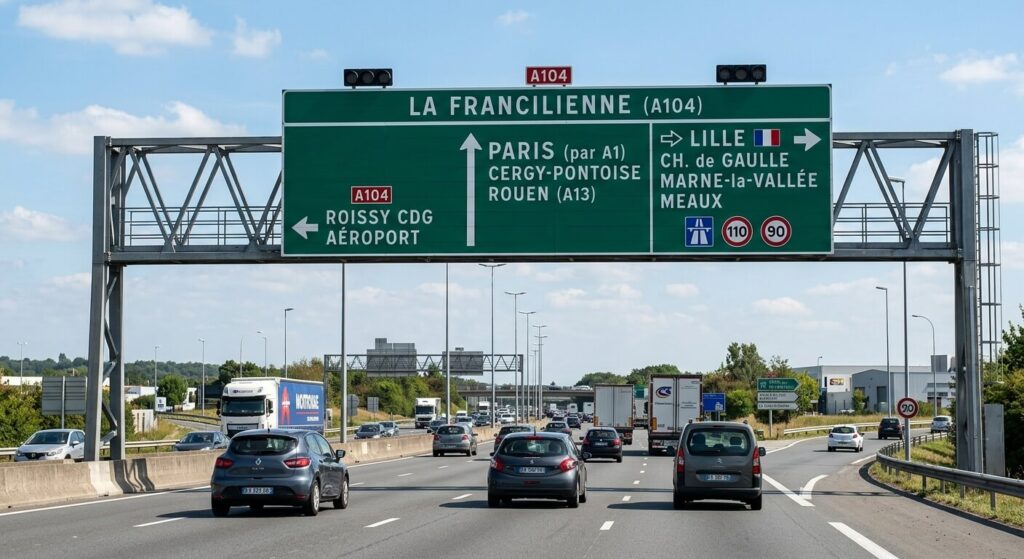 Un panneau routier vert de direction indiquant la Francilienne au-dessus des voies.