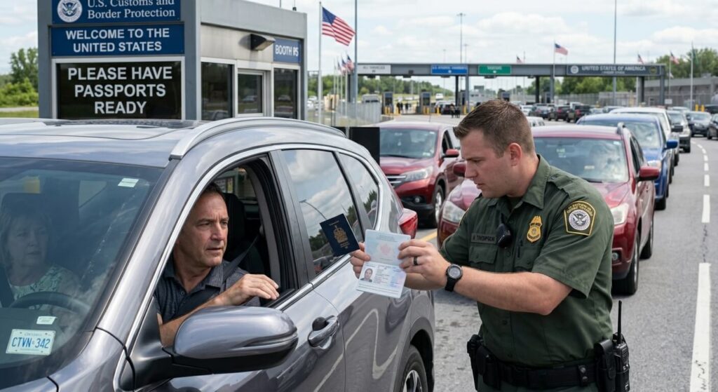 Un agent de douane américain examinant un passeport valide à la vitre d'un véhicule.