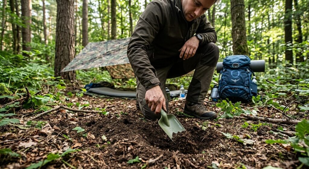 Papier toilette en randonnée : que faire pour ne pas polluer ? 3 Une mini pelle en plastique légère utilisée pour creuser un trou de litière en forêt lors d'un bivouac.