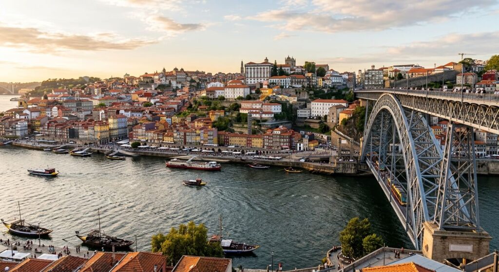 Vue panoramique sur le quartier historique de la Ribeira et le célèbre pont Luis I au-dessus du fleuve Douro à Porto.