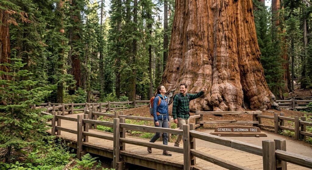 Yosemite ou Sequoia National Park : quel parc choisir en Californie ? 4 Deux randonneurs marchant sur un sentier en bois au pied d'un séquoia millénaire géant en Californie.