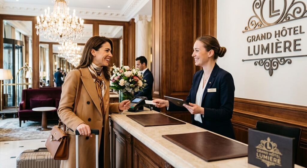Une cliente se faisant accueillir avec le sourire au comptoir de la réception d'un hôtel de luxe.