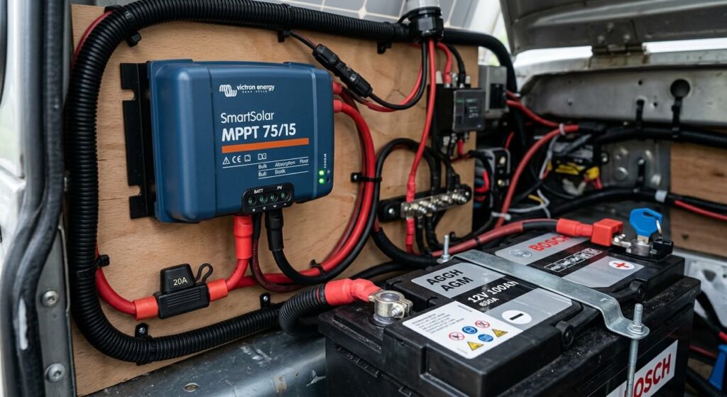 Brancher ses panneaux solaires en série ou en parallèle en camping-car ? 3 Un régulateur de charge solaire connecté aux fils électriques de la batterie du véhicule.