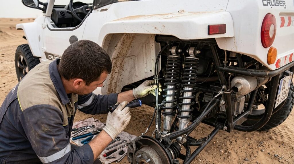 Buggy Glamis 850 : quels sont les problèmes et pannes connus ? 3 Une personne vérifiant les câbles et les suspensions arrière d'un véhicule de loisirs tout-terrain.