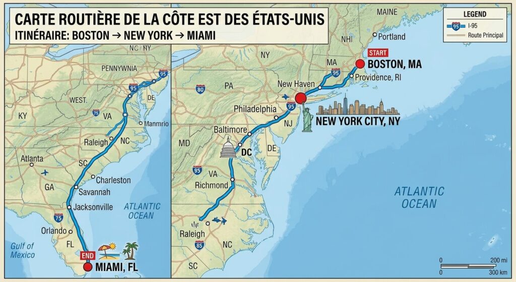 Road trip sur la Côte Est des USA : itinéraire idéal de 3 semaines 3 Une carte routière de la Côte Est des États-Unis traçant un itinéraire de Boston à Miami en passant par New York.