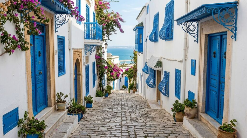 Escale à La Goulette : que faire et que visiter en quelques heures ? 3 Une ruelle pavée pittoresque du village de Sidi Bou Saïd bordée de murs blancs et de portes bleues.