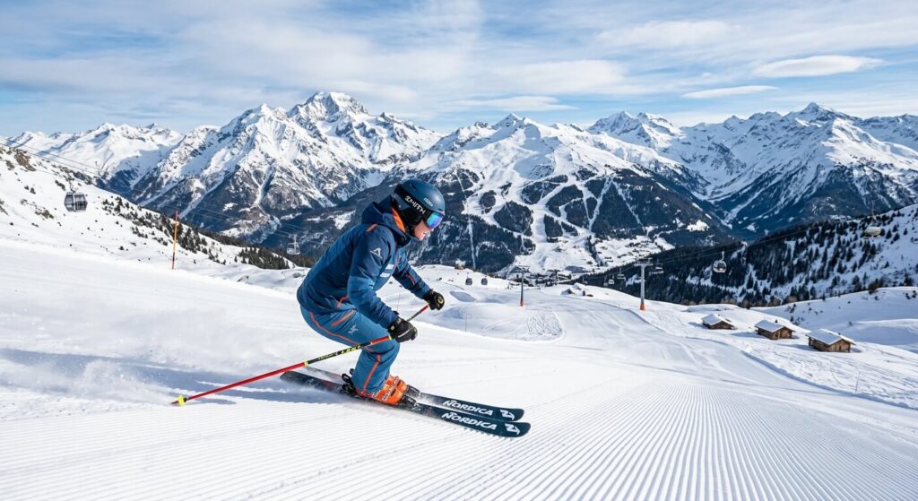 Comment organiser un week-end à Méribel ? 3 Un skieur descendant une piste damée à Méribel avec le panorama des Alpes en arrière-plan.