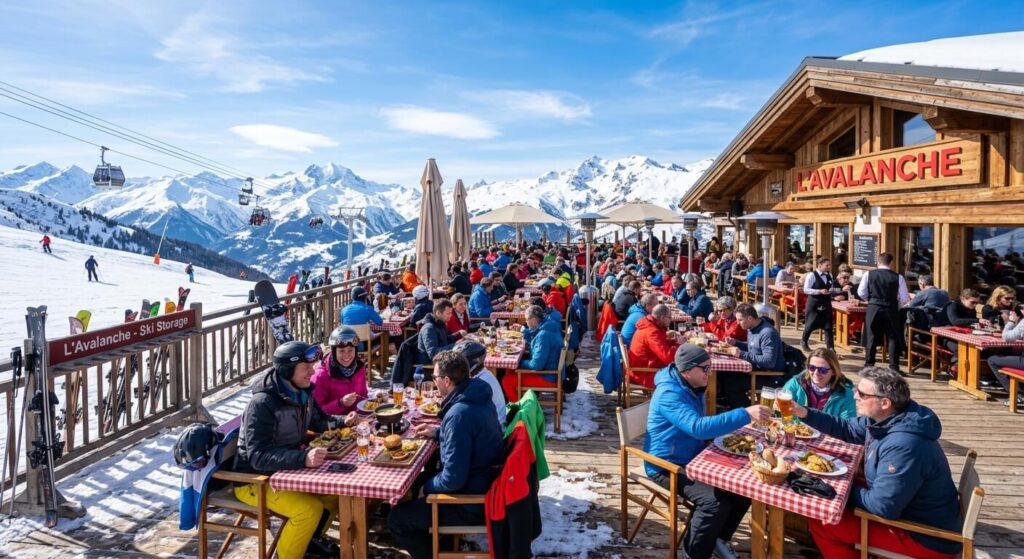 Comment organiser un week-end à Méribel ? 4 Une terrasse ensoleillée d'un restaurant d'altitude à Méribel pour une pause déjeuner pendant le week-end.