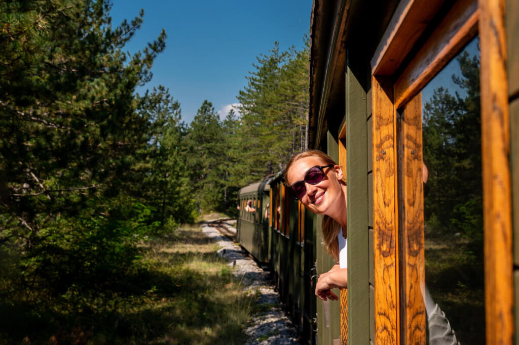 Intérieur d'une voiture d'un train panoramique suisse dotée d'immenses vitres incurvées offrant une vue sur les montagnes.
