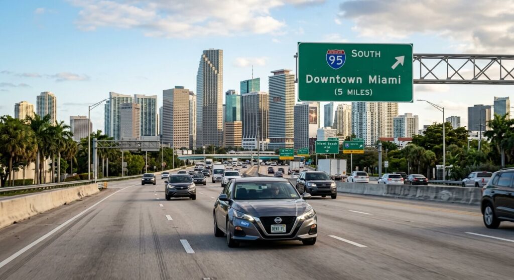 Road trip sur la Côte Est des USA : itinéraire idéal de 3 semaines 4 Une voiture de location roulant sur une grande autoroute américaine en direction des gratte-ciels de Miami.