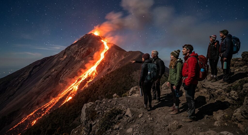 Des voyageurs contemplant une coulée de lave sur un volcan en Amérique centrale.