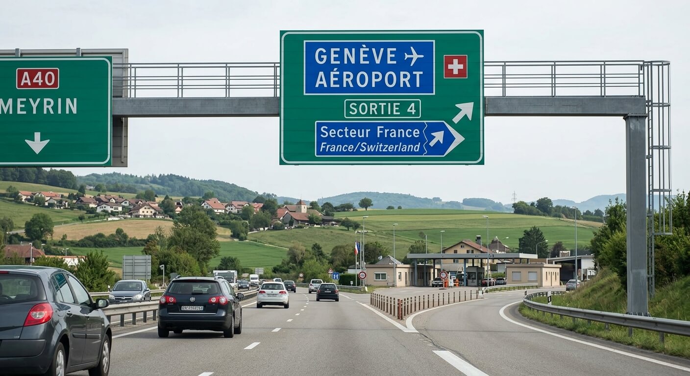Un panneau routier indiquant la direction de l'aéroport de Genève près de la frontière française.