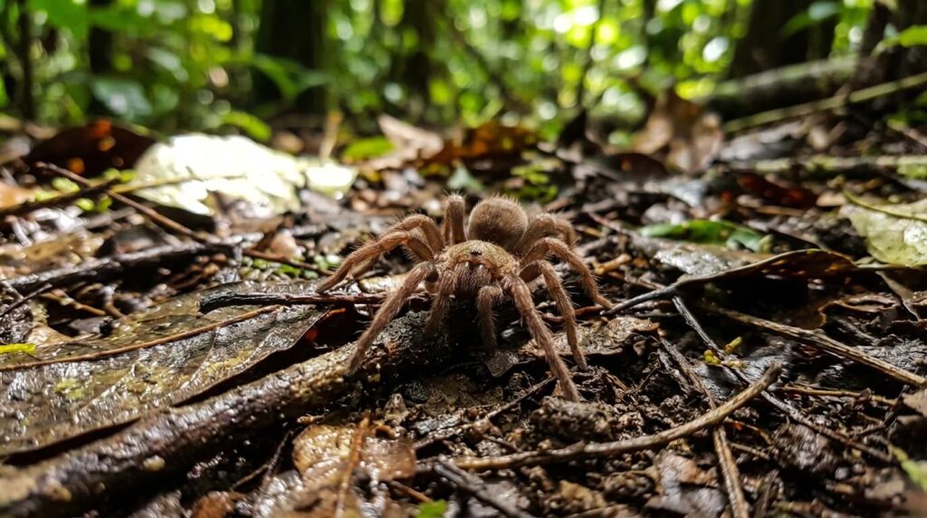 Une petite mygale endémique de Guadeloupe se déplaçant au sol.