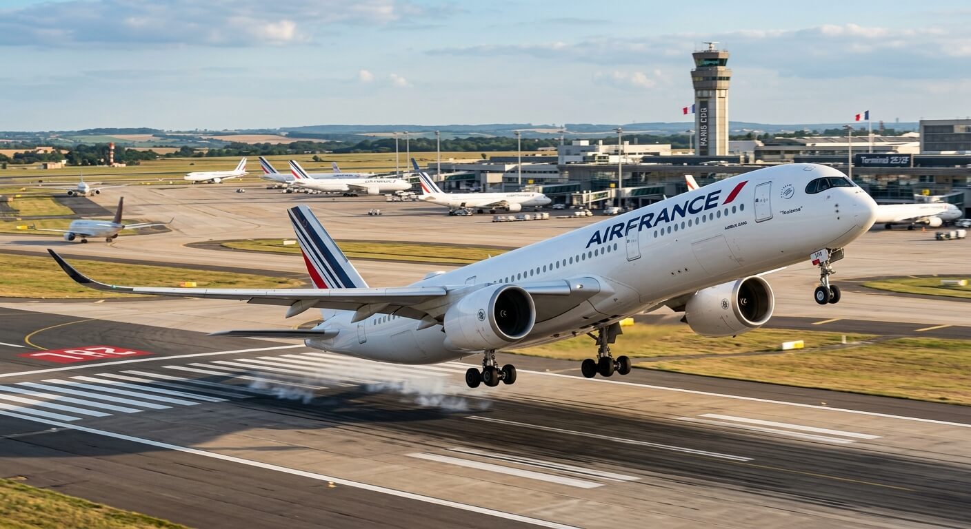Un avion de ligne de la compagnie Air France en phase de décollage sur la piste d'un aéroport français.