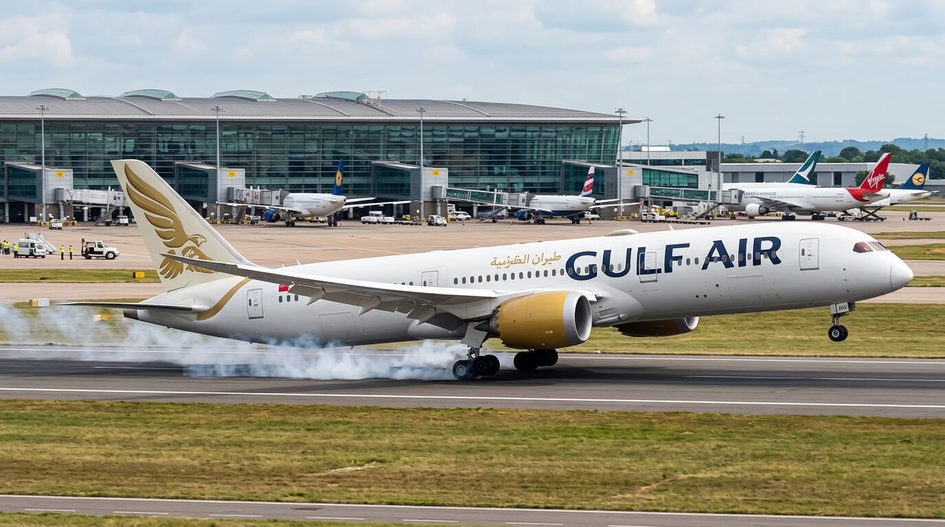 Un avion de ligne de la compagnie Gulf Air sur la piste de décollage d'un aéroport international.