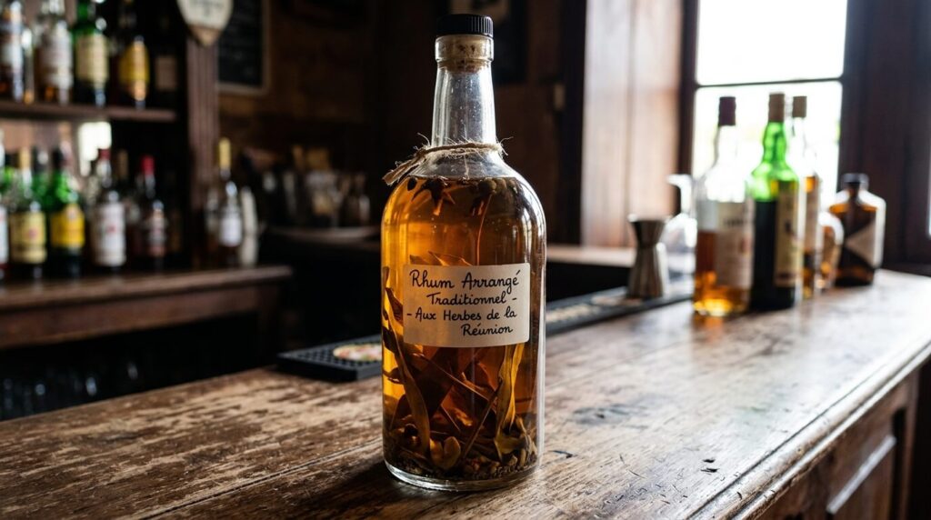 Une bouteille en verre de rhum arrangé traditionnel aux herbes posée sur un comptoir en bois.