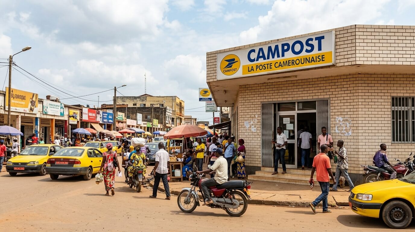 Une agence de la Campost (la poste camerounaise) en briques claires dans une rue animée.