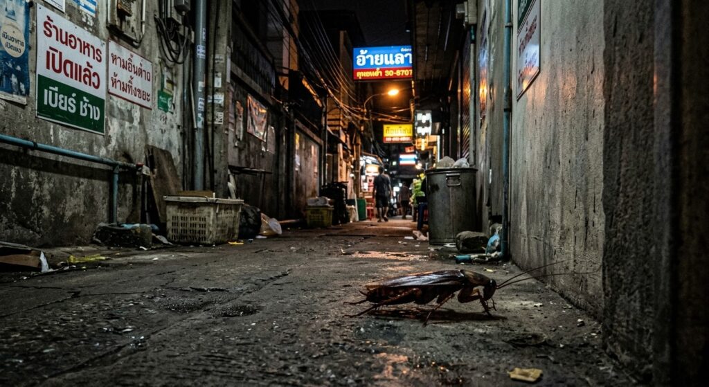 Une grande blatte américaine se déplaçant discrètement dans une ruelle nocturne à Bangkok.