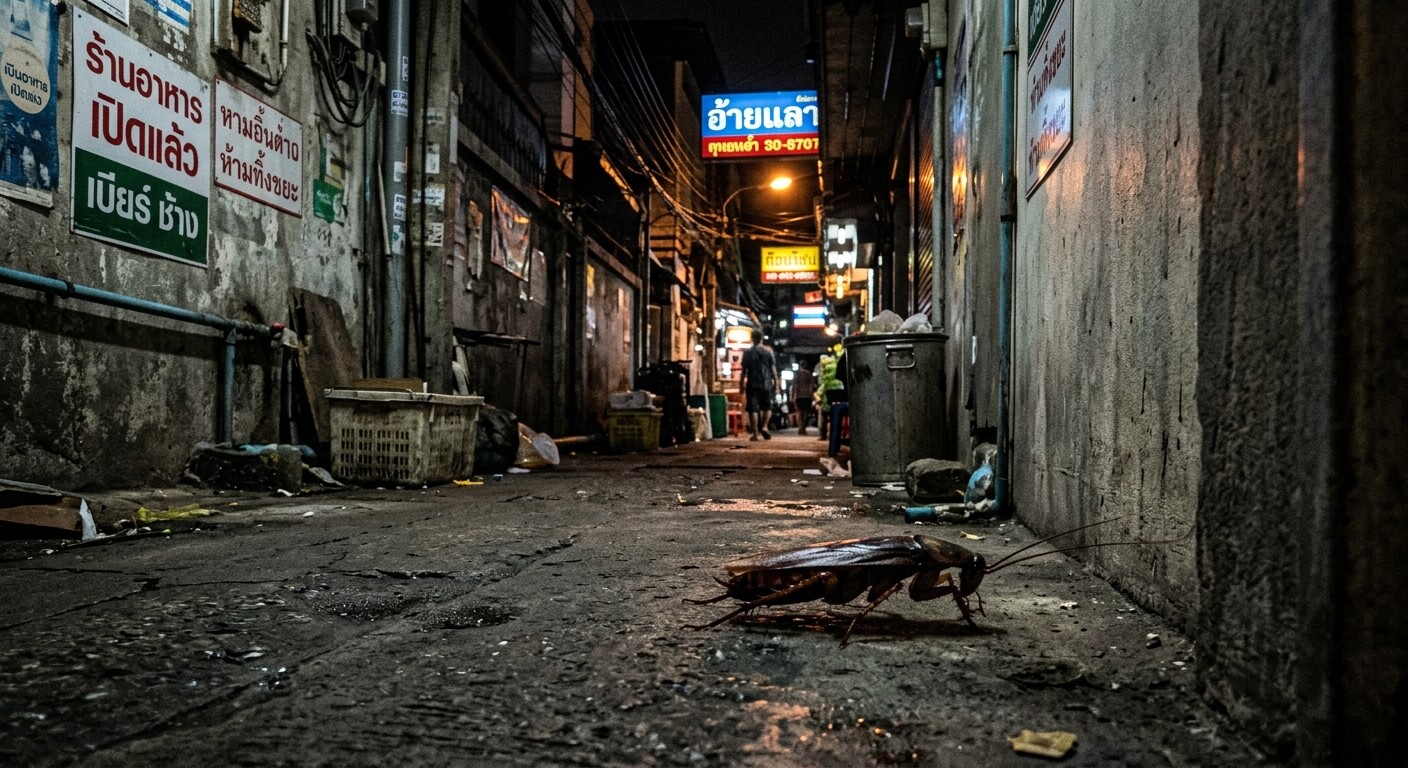 Une grande blatte américaine se déplaçant discrètement dans une ruelle nocturne à Bangkok.