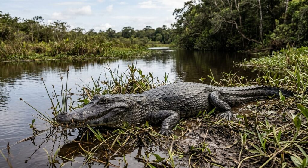 Un grand caïman noir immobile au bord de l'eau dans la réserve naturelle des marais de Kaw en Guyane.